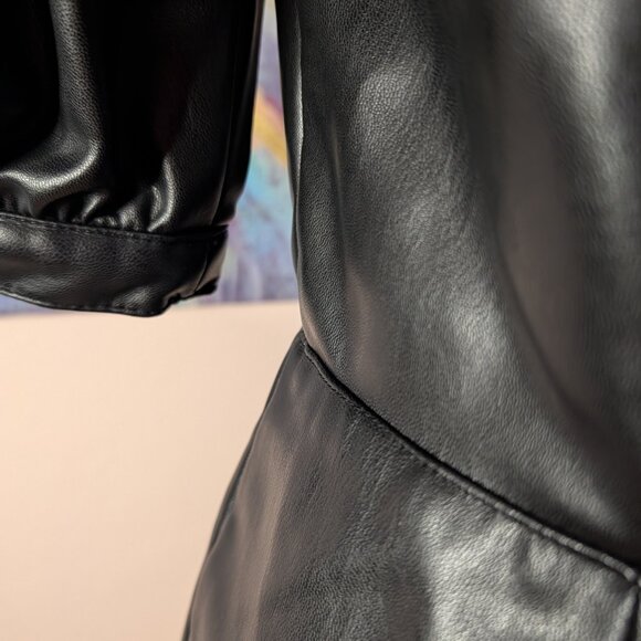 Y2K Inspired Black Faux Leather Mini Dress Size Small Puffy Short Sleeve Lined - Picture 6 of 12